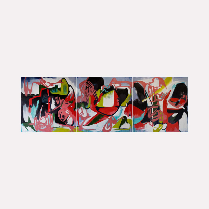 The artwork "Finding the Ways" by Lia Rodi features an abstract composition with bold, energetic strokes in red, black, white, green, and hints of yellow. The piece displays layered shapes and dynamic lines reminiscent of Jean-Michel Basquiat’s raw expressionism and the colorful spontaneity found in works by Wassily Kandinsky.