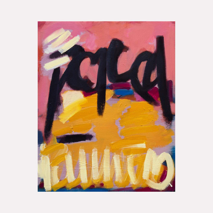 The artwork "Lily & Friends: Forced Pollination" by Lia Rodi features bold, abstract brushstrokes in vibrant pink, yellow, black, and white hues. The composition evokes the expressive style of Jean-Michel Basquiat with dynamic, graffiti-like marks and textured layers, blending raw energy and vivid color contrasts.