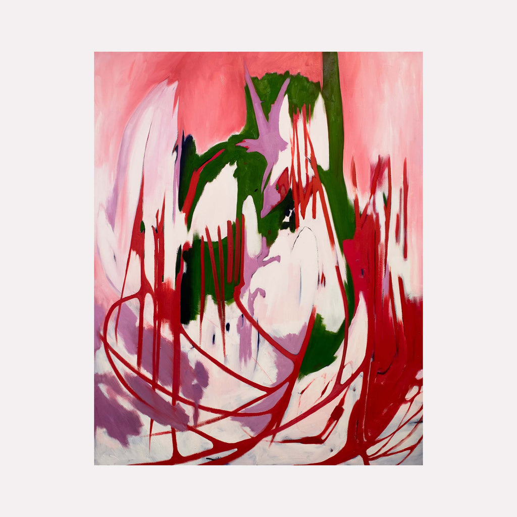 The artwork "Lily & Friends: Her Spirit Blooms Eternally" by Lia Rodi features an abstract composition with fluid, organic forms in vibrant reds, greens, pinks, and purples. The piece showcases dripping paint and sweeping brushstrokes reminiscent of Helen Frankenthaler's color field technique combined with the dynamism of Jackson Pollock's action painting, creating a vivid, emotive visual experience.