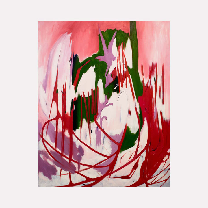 The artwork "Lily & Friends: Her Spirit Blooms Eternally" by Lia Rodi features an abstract composition with fluid, organic forms in vibrant reds, greens, pinks, and purples. The piece showcases dripping paint and sweeping brushstrokes reminiscent of Helen Frankenthaler's color field technique combined with the dynamism of Jackson Pollock's action painting, creating a vivid, emotive visual experience.