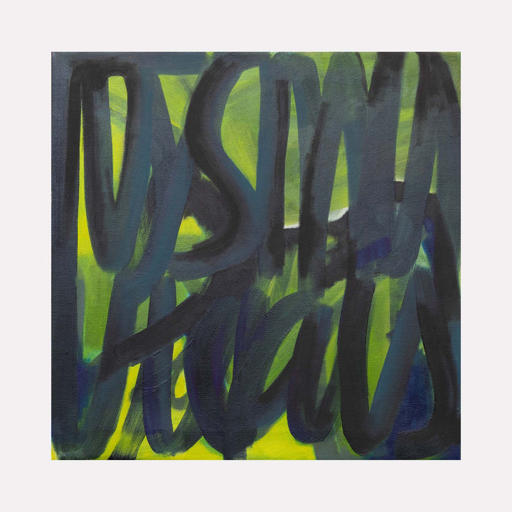 The artwork "Lily & Friends: Lily, It's Not Yours" by Lia Rodi features bold, overlapping dark brushstrokes over a vibrant background of green and yellow hues, creating a dynamic abstract expression reminiscent of Cy Twombly's gestural markings and Franz Kline's powerful black strokes, merging raw texture with layered depth in a contemporary style.