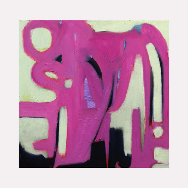 The artwork "Lily & Friends: Lily Stalks" by Lia Rodi features bold, fluid shapes in vibrant magenta contrasted with soft cream and black accents. The thick brushstrokes and abstract forms evoke the expressive style of Willem de Kooning, blending an energetic modernist texture with a playful, spontaneous composition.