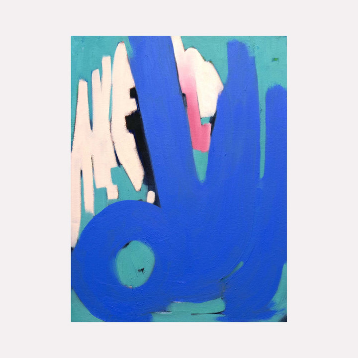 The artwork "Lily & Friends: Me Ow" by Lia Rodi features bold, abstract shapes in vibrant blue and teal hues with soft pink and white accents. The composition is reminiscent of the playful forms and color blocking seen in works by artists like Jean Dubuffet, blending spontaneity and texture to create a dynamic, modern expression.