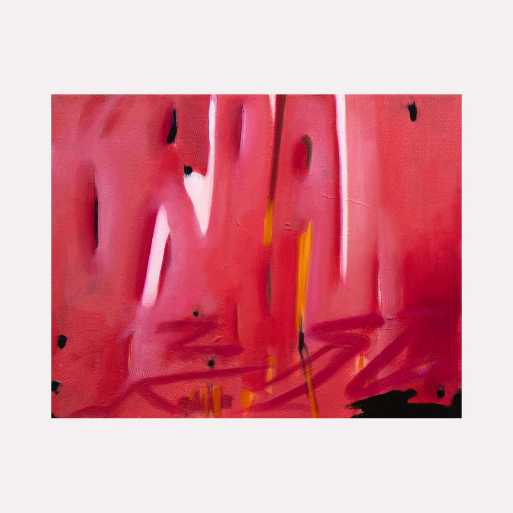 The artwork "Lily & Friends: Murky Good" by Lia Rodi features an abstract composition dominated by vibrant hues of red and pink with subtle touches of black and yellow. The piece exhibits fluid, blurred brushstrokes reminiscent of Mark Rothko’s color field paintings and the emotional intensity found in Willem de Kooning’s abstract expressionism.