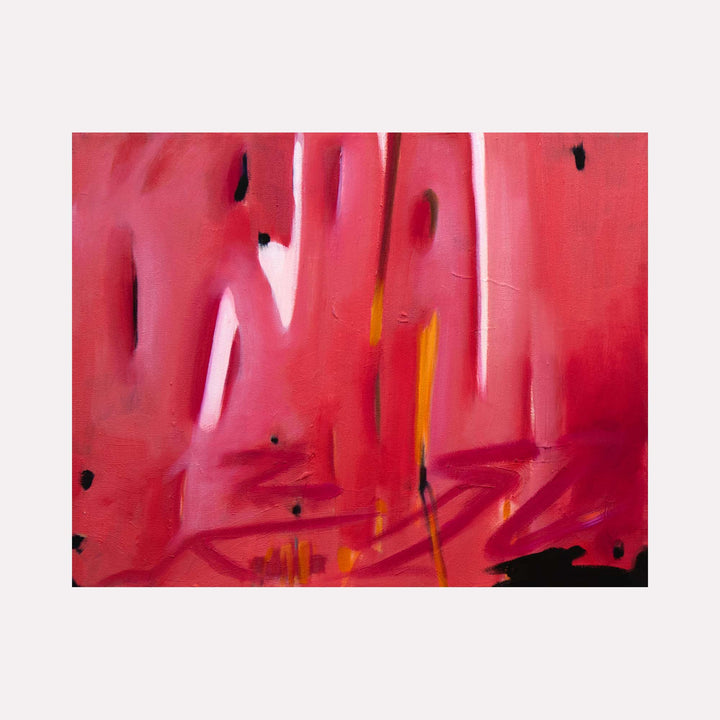 The artwork "Lily & Friends: Murky Good" by Lia Rodi features an abstract composition dominated by vibrant hues of red and pink with subtle touches of black and yellow. The piece exhibits fluid, blurred brushstrokes reminiscent of Mark Rothko’s color field paintings and the emotional intensity found in Willem de Kooning’s abstract expressionism.
