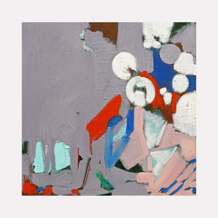 The artwork "Nostalgia: The Little Drummer Boy" by Lia Rodi features abstract shapes and bold color contrasts including muted grays, vibrant reds, blues, and whites, with textured brushstrokes reminiscent of mid-20th century abstract expressionism, evoking styles similar to artists like Willem de Kooning and Hans Hofmann.