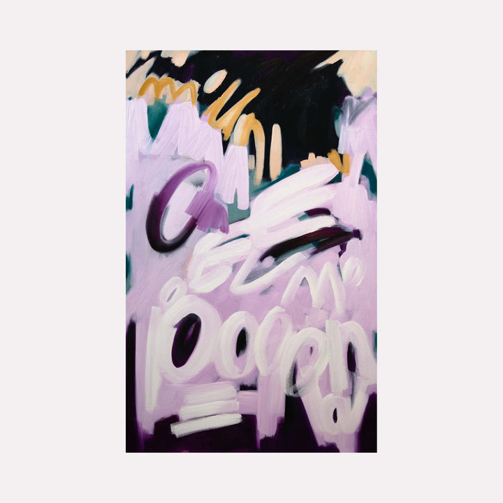The artwork "Lily & Friends: Rebirth" by Lia Rodi features an abstract composition with fluid brushstrokes in pastel purples and whites contrasted against bold black and beige accents. The painting’s style evokes a sense of spontaneous expressionism reminiscent of Joan Mitchell and Cy Twombly, with dynamic layering and textured flow creating an emotional visual narrative.