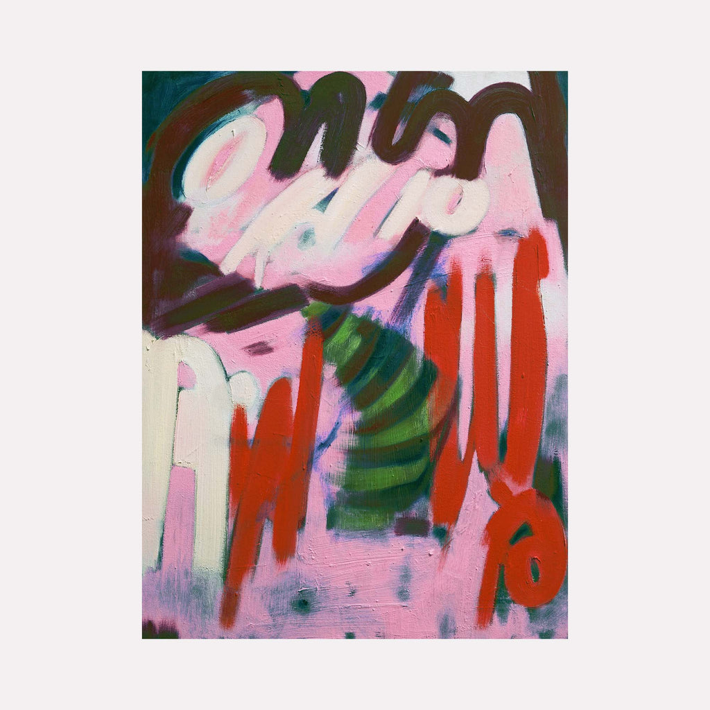 The artwork "Nostalgia: Remy's Grab Nabber" by Lia Rodi features an abstract composition with bold, sweeping strokes in red, dark brown, green, and white against a soft pink background. The piece conveys dynamic movement and vibrant energy, reminiscent of abstract expressionism akin to works by Willem de Kooning and Joan Mitchell.