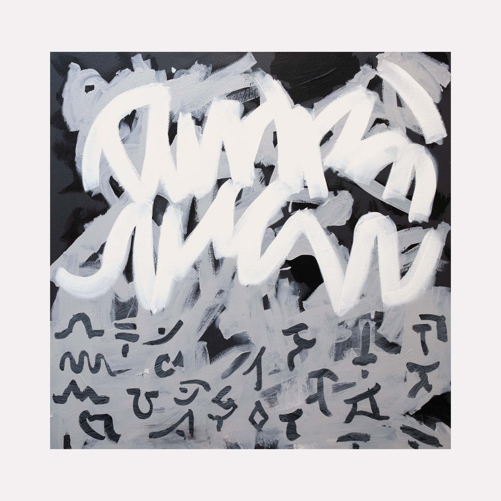 The artwork "RoFo 1" by Lia Rodi features bold, sweeping white brushstrokes over a dark background with abstract, calligraphic black symbols and shapes beneath. The dynamic composition and monochromatic palette evoke styles reminiscent of Cy Twombly's expressive graffiti-like scribbles and Franz Kline’s stark abstract expressionism.