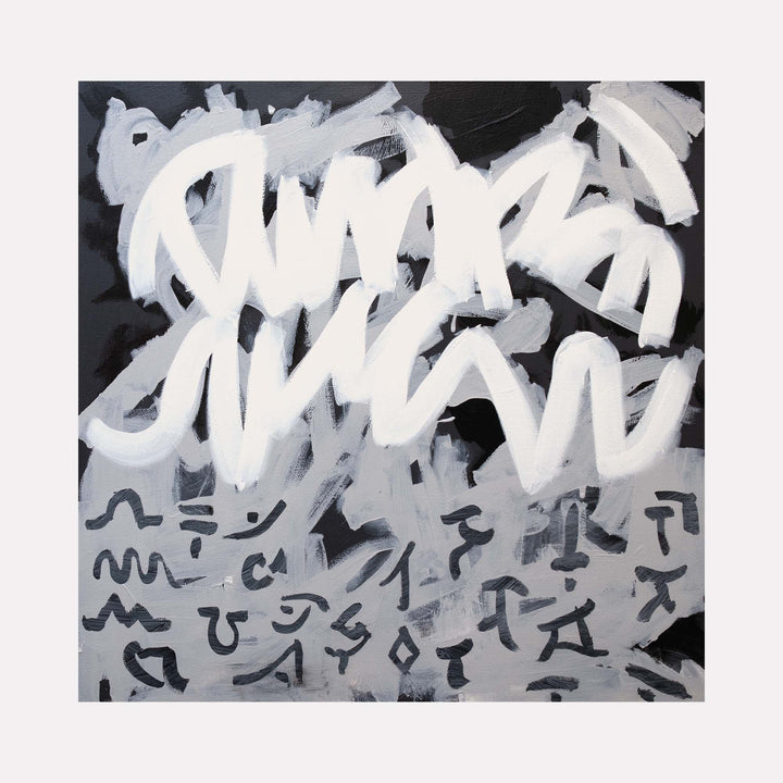 The artwork "RoFo 1" by Lia Rodi features bold, sweeping white brushstrokes over a dark background with abstract, calligraphic black symbols and shapes beneath. The dynamic composition and monochromatic palette evoke styles reminiscent of Cy Twombly's expressive graffiti-like scribbles and Franz Kline’s stark abstract expressionism.