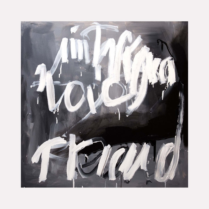 The artwork "RoFo 2" by Lia Rodi features bold, expressive white brushstrokes on a dark, smoky gray and black background, evoking a raw, abstract graffiti style reminiscent of Jean-Michel Basquiat and Cy Twombly. The textured, layered paint creates a dynamic sense of movement and urban spontaneity.