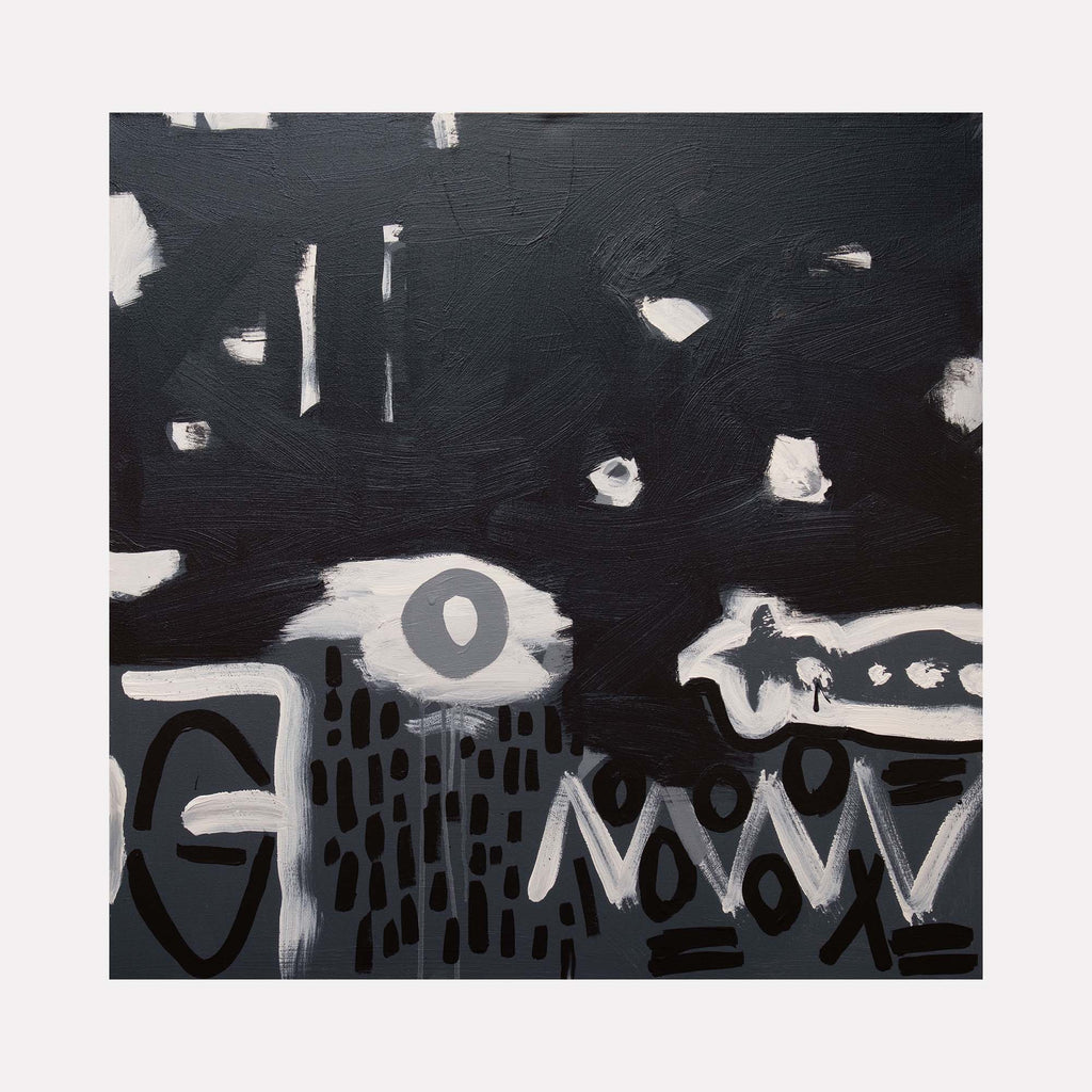 The artwork "RoFo 3" by Lia Rodi features an abstract composition dominated by deep black and gray tones with contrasting white shapes. The painting includes bold, geometric forms and textured brushstrokes reminiscent of Jean-Michel Basquiat's raw style and the abstract expressionism of Franz Kline, evoking a dynamic, urban energy.