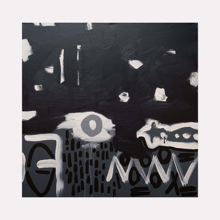 The artwork "RoFo 3" by Lia Rodi features an abstract composition dominated by deep black and gray tones with contrasting white shapes. The painting includes bold, geometric forms and textured brushstrokes reminiscent of Jean-Michel Basquiat's raw style and the abstract expressionism of Franz Kline, evoking a dynamic, urban energy.