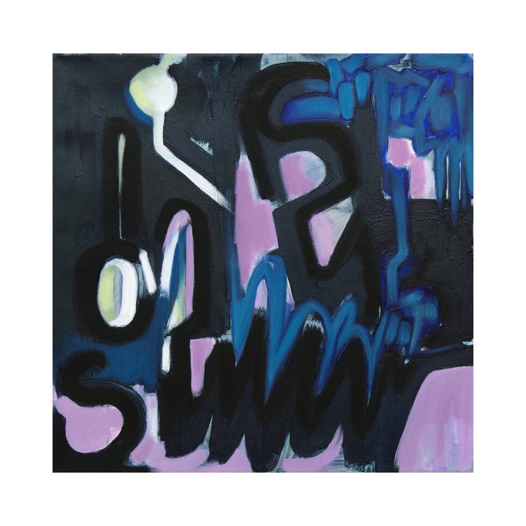 The artwork "Lily & Friends: SOS | Yowzerz" by Lia Rodi features an abstract composition with bold, irregular black shapes intertwined with fluid strokes of deep blues and muted purples. The textured layering and dynamic contrasts evoke a raw urban energy reminiscent of Jean Dubuffet’s gritty abstractions and the expressive brushwork found in Franz Kline’s monochromatic works.