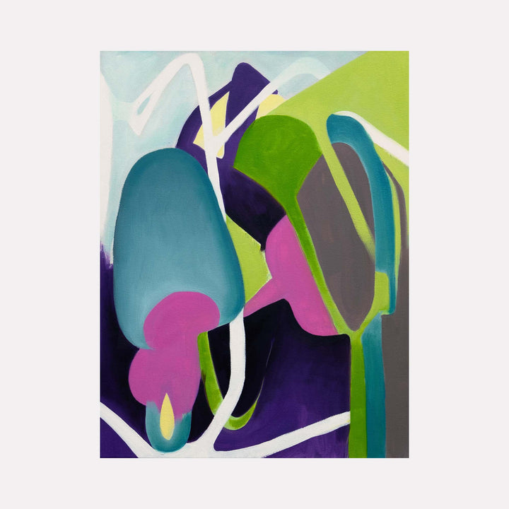 The artwork "Snuck Through" by Lia Rodi features an abstract composition with bold shapes and vibrant colors including teal, pink, lime green, deep purple, and white. The fluid forms and dynamic brushstrokes evoke a style reminiscent of Wassily Kandinsky and early Joan Miró, blending organic and geometric elements in a modern, expressive manner.