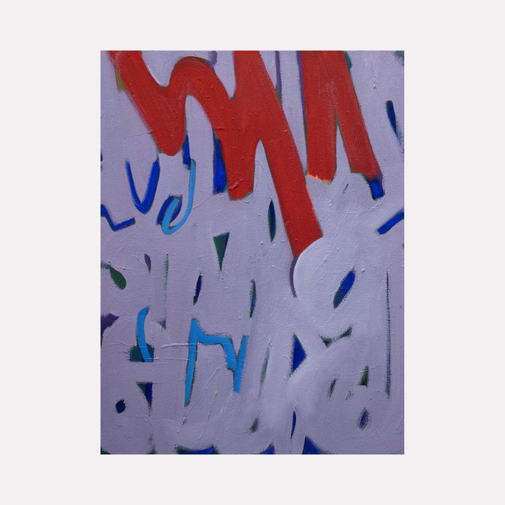 The artwork "Lily & Friends: Tricky Trickster" by Lia Rodi features an abstract composition with bold strokes of red, soft purple, and blue shapes interspersed with green accents. The textured layering and dynamic brushwork evoke styles reminiscent of Jean-Michel Basquiat's graffiti-inspired art and the abstract expressionism of Cy Twombly.