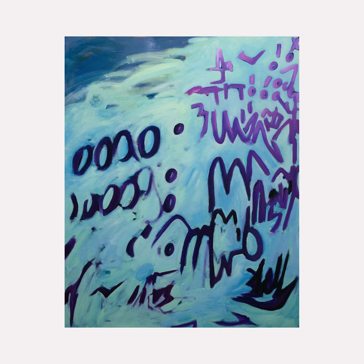 The artwork "Lily & Friends: Tumbling Effect" by Lia Rodi features an abstract composition with fluid brushstrokes in shades of blue and purple. The piece includes dynamic, calligraphic shapes reminiscent of Cy Twombly’s spontaneous style and the gestural abstraction of Joan Mitchell, evoking movement and a tumbling visual rhythm.