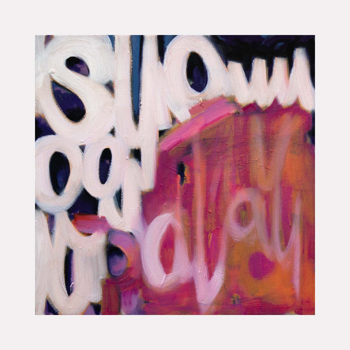 The artwork "Lily & Friends: Untitled 2" by Lia Rodi features an abstract composition with bold, overlapping brushstrokes in white and pink set against a textured background of deep reds, purples, and oranges. The style evokes the expressive, graffiti-inspired energy of Jean-Michel Basquiat and the fluidity of Cy Twombly's calligraphic marks.