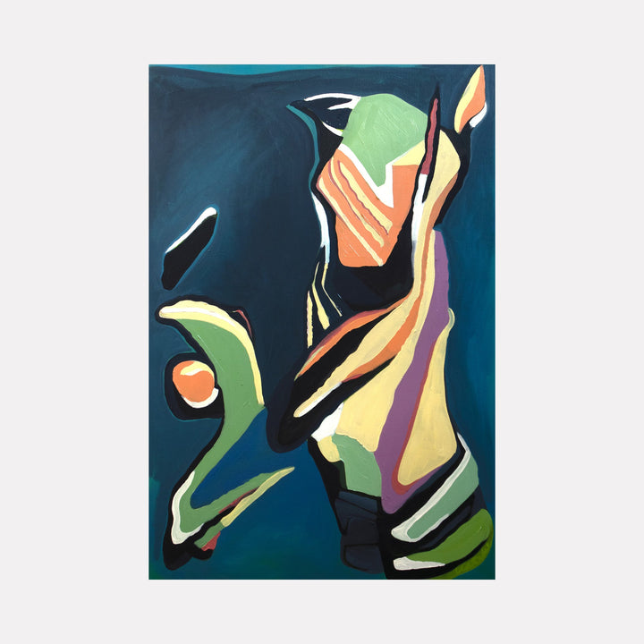 The artwork "Your Inner Stallion" by Lia Rodi features an abstract representation of a stallion using bold, flowing shapes and vibrant blocks of color including green, orange, and blue. The style is reminiscent of Franz Marc's animal abstractions and exhibits dynamic, textured brushstrokes blending cubist and expressionist influences.