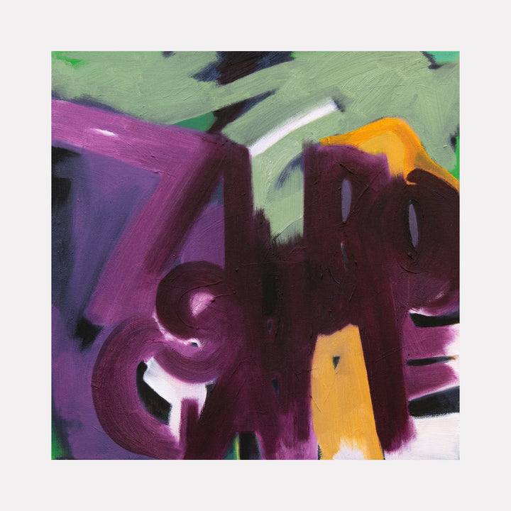 The artwork "Lily & Friends: Zero Sum Game" by Lia Rodi features bold, abstract forms in deep purple, yellow, and green hues with dynamic brushstrokes and layered textures, reminiscent of the expressive styles of Wassily Kandinsky and Franz Kline, blending energetic shapes and vibrant color contrasts in a contemporary abstract composition.