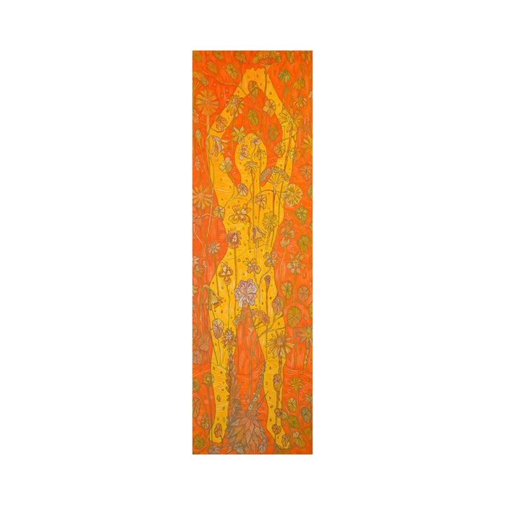 The artwork "Currently Untitled (Self Love 4)" features an elongated human figure rendered in warm yellow tones with intricate floral and organic patterns covering the body against a vibrant orange background filled with similar botanical motifs. The style is detailed and textured, evoking themes of nature and self-connection, by Laurie Shapiro.