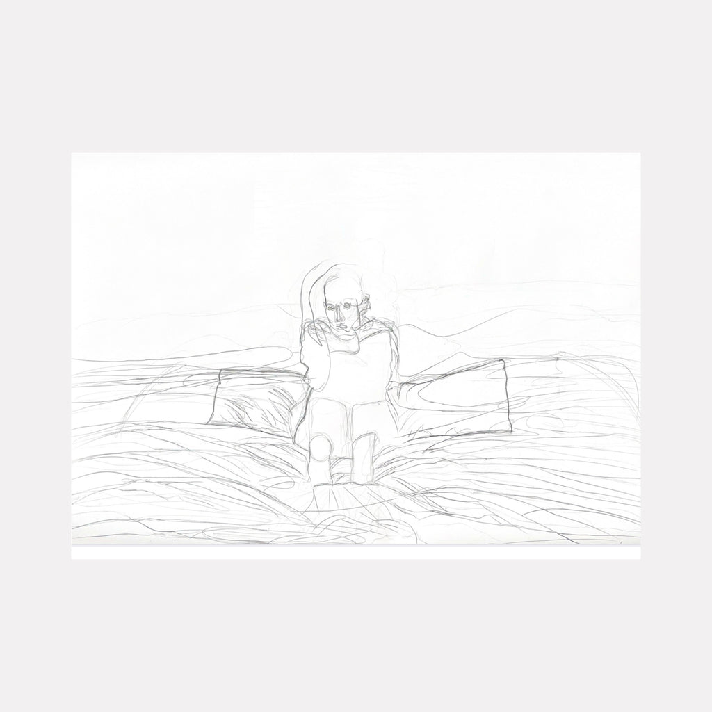 DNA by Maria Sanchez features a delicate pencil sketch of a seated figure surrounded by flowing, organic lines, evoking introspection and subtle emotion through minimalist, abstract artistry in muted shades.