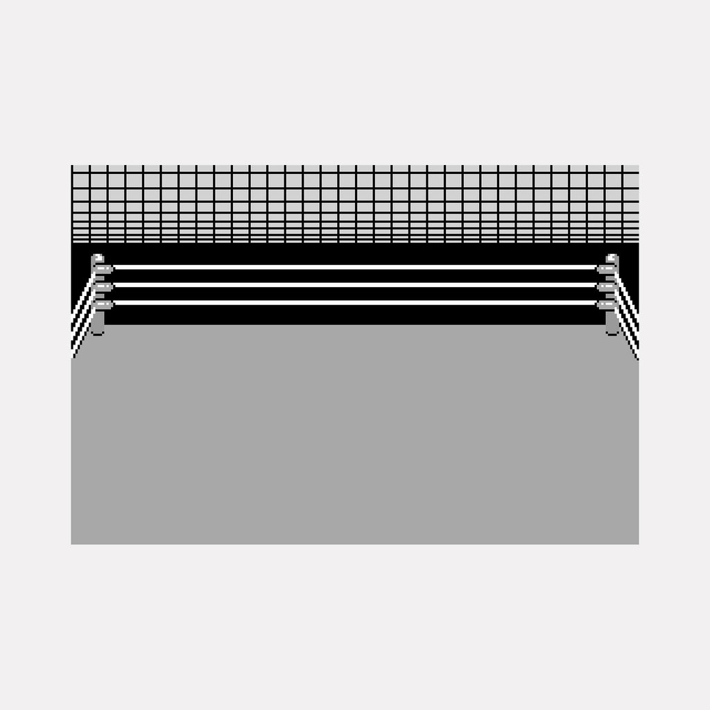 The artwork "DREAM" by Harold Herb depicts a minimalist boxing ring rendered in monochromatic shades of black, white, and grey. The clean geometric forms and grid-like background evoke the structural clarity of Sol LeWitt, while the stark contrast and simplicity recall the graphic precision found in Kazimir Malevich’s abstract compositions.