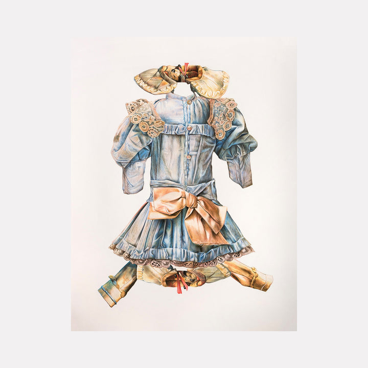 The artwork "DRESSED UP" by Lisyanet Rodriguez features a detailed drawing of a vintage-style dress in soft blue hues with intricate lace detailing on the collar and cuffs, accented by a large peach-colored bow at the waist. The delicate rendering and realistic textures evoke classical portraiture and still life traditions reminiscent of Kehinde Wiley and contemporary hyperrealism.