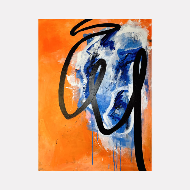 The artwork "Dynamo" by Adele Marchant features bold, sweeping black brushstrokes over a dynamic background blending vibrant orange and deep blue with white textured areas. The abstract composition recalls the energetic spontaneity of Joan Miró and the vivid color contrasts of Wassily Kandinsky, creating a striking modern expressionist piece.