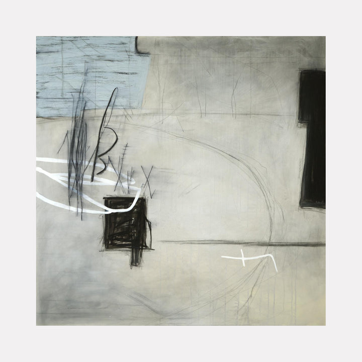 Daliri by Victoria Primicias features a subtle abstract composition with soft gray and beige tones, accented by delicate black and white linear marks. The gentle layering creates a tranquil, contemplative atmosphere with hints of muted blue and textured forms blending organic shapes and minimalist strokes in a serene, modern expression.