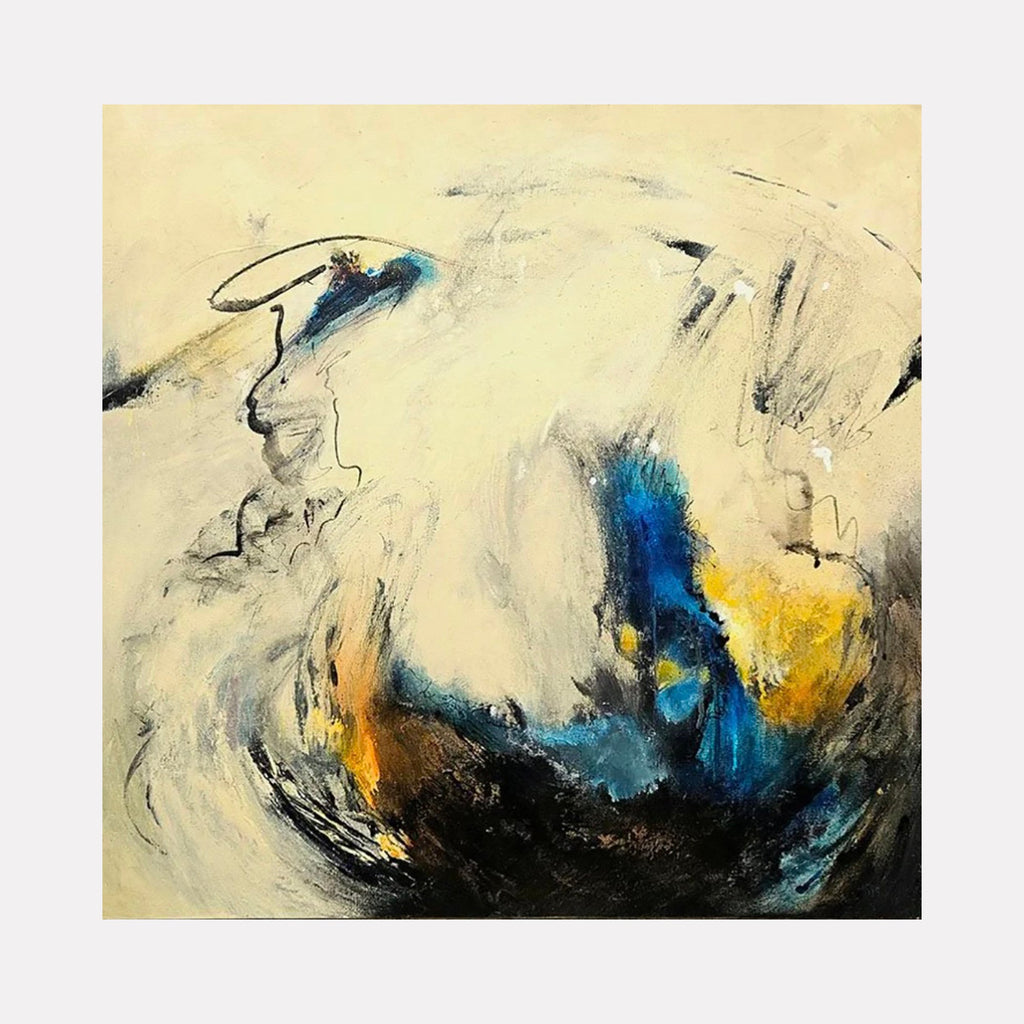 The artwork "Dance of the Elements" by Janyce Erlich-Moss features an abstract composition with swirling forms in muted beige and cream tones, accented by dynamic splashes of deep blue, vibrant yellow, and dark black. The textured brushstrokes and fluid shapes evoke the energetic style of Wassily Kandinsky and Helen Frankenthaler, blending movement and emotion in a modern expressionist manner.