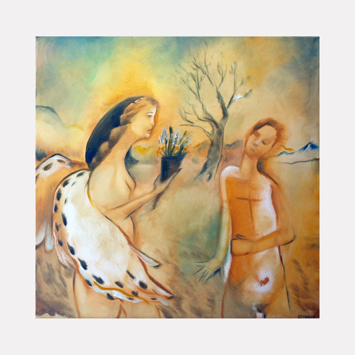 The artwork "Blodeuwedd's Second Metamorphoses" by Dara Theodora features two ethereal figures rendered in soft, warm tones of ochre, cream, and muted blues. One figure holds a bouquet of delicate flowers, with fluid, dreamlike brushstrokes and surreal elements reminiscent of Marc Chagall and Gustav Klimt’s symbolic storytelling and atmospheric compositions.