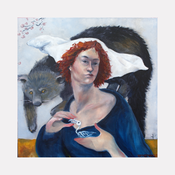 The artwork "Dutch Cap, Binturong" by Dara Theodora features a woman with red hair wearing a large white dutch cap, holding a small blue and white porcelain cup. Behind her, a dark furred binturong with a distinct face is visible. The oil on canvas uses rich textures, with a muted sky and delicate pink blossoms enhancing the composition. Dara Theodora.