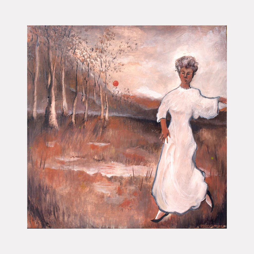 The artwork Edwardian Decrescendo by Dara Theodora features a solitary figure in a flowing white dress standing in a muted, earthy landscape with sparse trees and a soft, glowing orange sun. The textured brushstrokes and subdued palette evoke the introspective mood of early 20th-century expressionism and the atmospheric qualities reminiscent of Edward Hopper and Georgia O’Keeffe.
