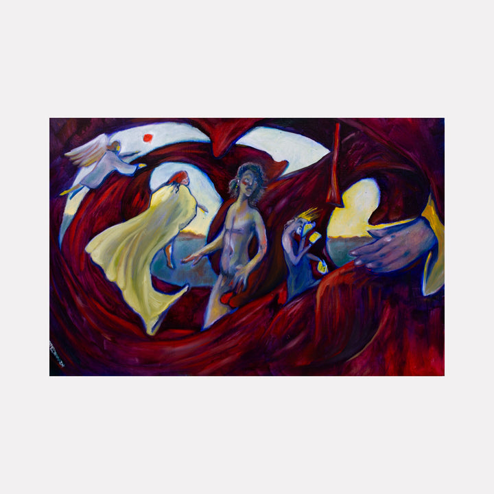 The artwork "Fabric of Life" depicts a surreal scene with flowing red and purple fabric enveloping human figures, including a nude central figure, a woman in yellow, and a person with hands near their face. White birds and abstract shapes enhance the dynamic movement and emotional intensity. Painted in rich, textured brushstrokes by Dara Theodora.