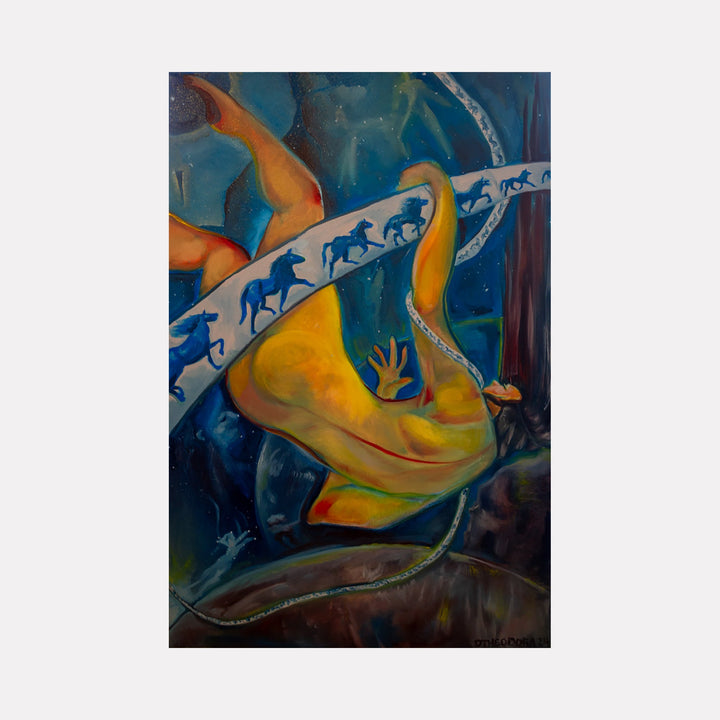 The artwork "Stole the Stars" features a dynamic abstract figure in vivid yellow and orange tones, intertwined with a flowing white ribbon adorned with blue horse silhouettes, set against a deep blue and dark background that evokes a mysterious, cosmic atmosphere, showcasing fluid shapes and textured brushstrokes by Dara Theodora.
