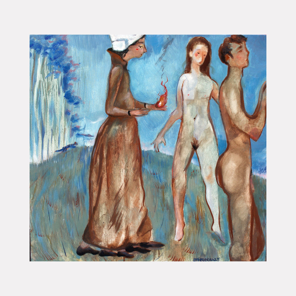 The artwork "Tepid Flame" by Dara Theodora features a figurative scene with three stylized human figures set against a textured blue and green background. A robed figure holds a small flame emitting smoke, juxtaposed with bare, softly contoured bodies, evoking narrative and emotional subtlety reminiscent of early 20th-century figurative painters like Egon Schiele and Paula Modersohn-Becker.