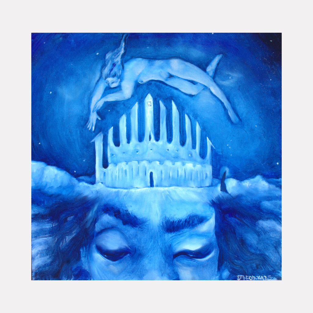 The artwork "The Goddess of Sound's Final Sleep" depicts a surreal blue-toned scene with a serene face in the foreground, eyes closed, and a castle-like structure resembling organ pipes atop the head. Above it, a reclining figure floats gracefully, blending with the dreamlike textured background. By Dara Theodora.