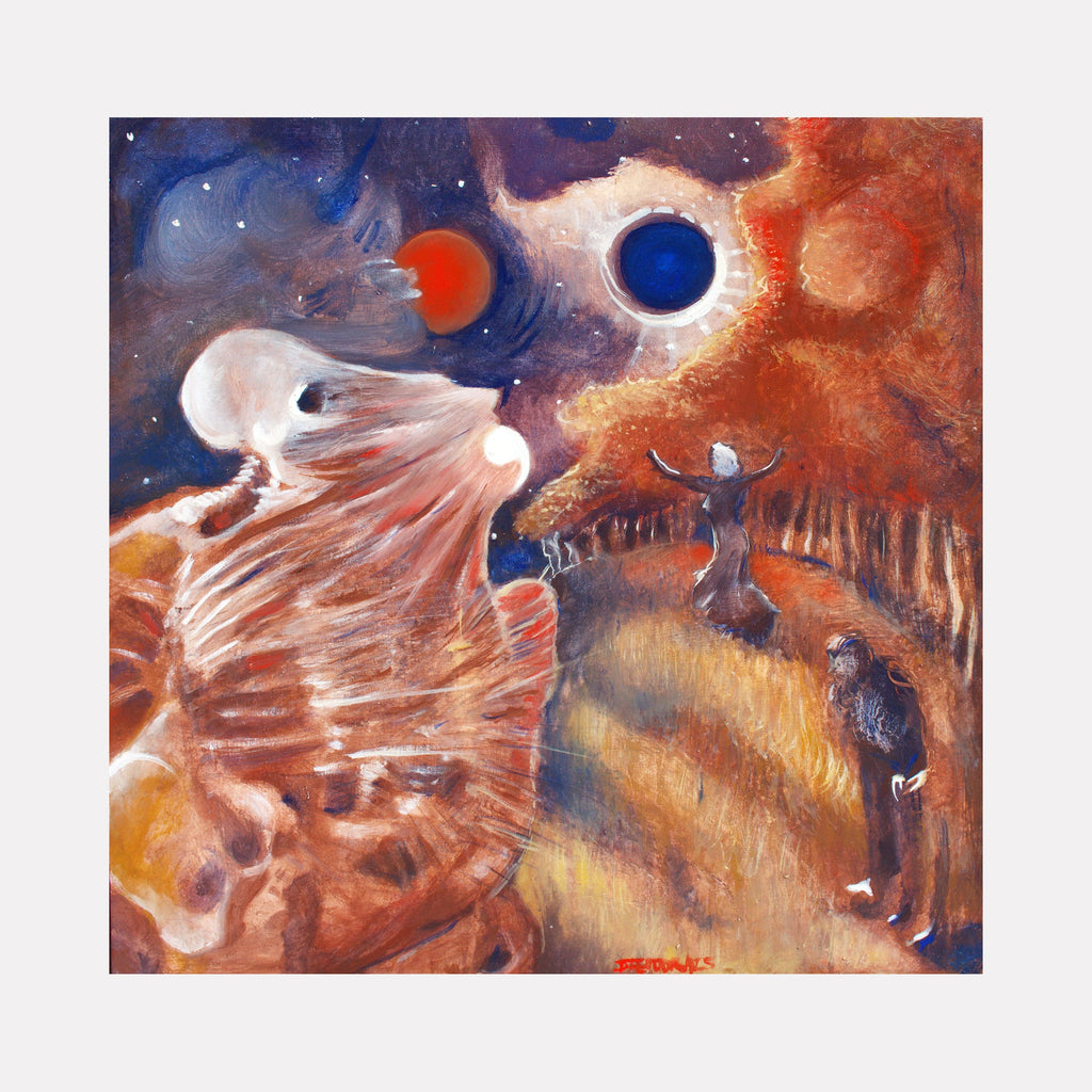 The artwork "The Harder I Run, The More I Stay Still" by Dara Theodora features a surreal landscape with ghostly skeletal forms in earthy reds and browns contrasted against a cosmic sky with glowing red and blue orbs. The textured brushstrokes and ethereal figures evoke the dreamlike qualities found in works by Salvador Dalí and Marc Chagall.
