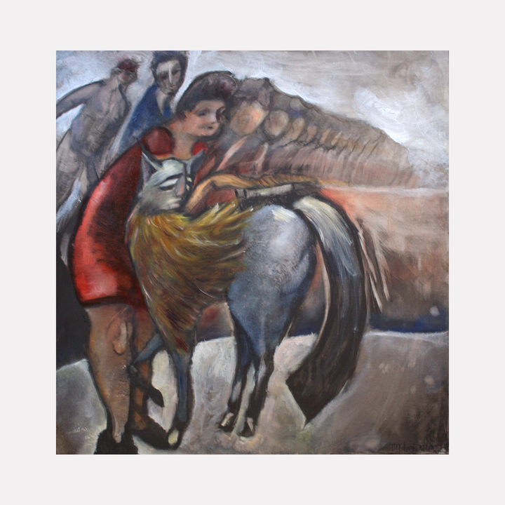 The artwork "The New Must Have for the Next Three Minutes" by Dara Theodora features abstract, surreal figures including a person in a red dress embracing a stylized horse with a textured, multi-colored mane, set against a muted, swirling background with repeated ghostly silhouettes, blending earthy browns, grays, and warm tones. Dara Theodora.