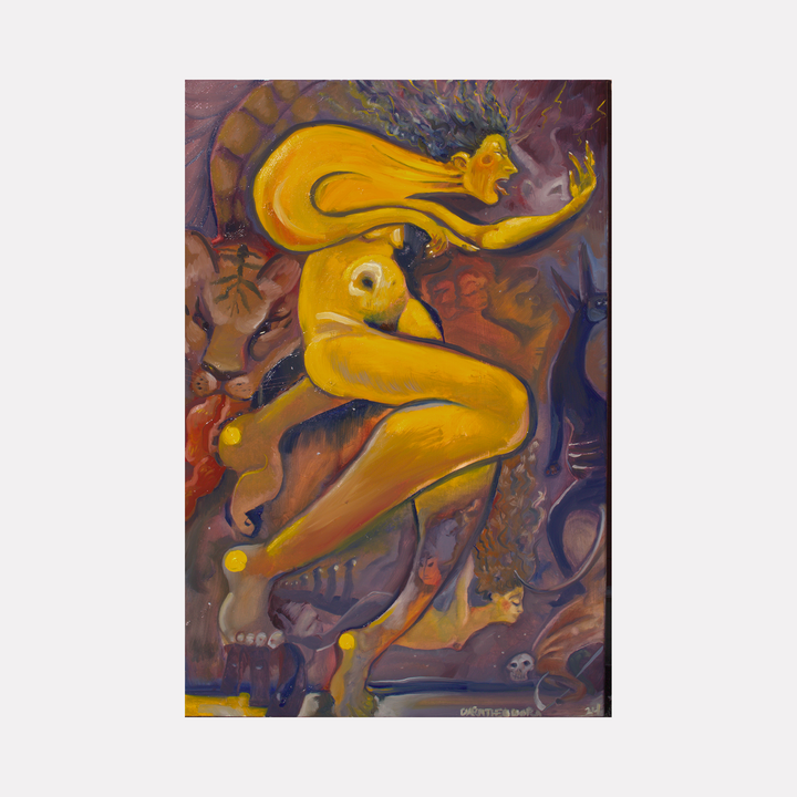 The artwork "Tiger and Jackal" by Dara Theodora features a surreal yellow humanoid figure with exaggerated limbs and facial expression in a dynamic pose, surrounded by abstract shapes and muted earth tones with hints of purple and brown, evoking a mystical and intense atmosphere. Dara Theodora.