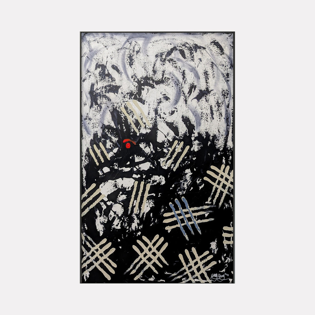 The artwork "Darkness Within" by Hillary Hany features a dramatic interplay of black, white, and muted beige brushstrokes with a striking red dot near the center. The textured, layered marks create an intense, expressionist atmosphere reminiscent of the raw energy in Franz Kline’s and Jean Fautrier’s abstract works.