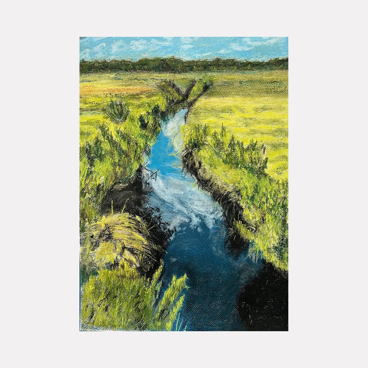 The artwork "Dartmouth Saltmarsh" depicts a serene marsh landscape with a winding blue waterway cutting through vibrant green and yellow grasses under a bright blue sky. The textured brushstrokes and impressionistic style evoke works by Claude Monet, highlighting nature's calm beauty. By Robert Dec.