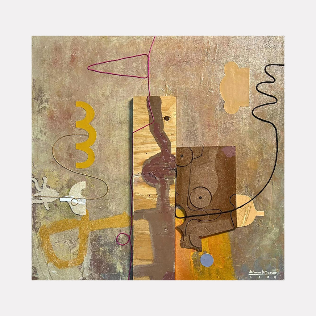 The artwork 'Daughter and Toys 05' by Jose Johann Bitancor features an abstract mixed media composition on canvas with geometric shapes and playful lines. Earth-toned colors dominate, including beige, brown, and golden ochre, with subtle accents of blue. Linear elements and curved forms create a modernist interplay against a textured background. Various shapes suggest abstract interpretations of toys, by Jose Johann Bitancor.
