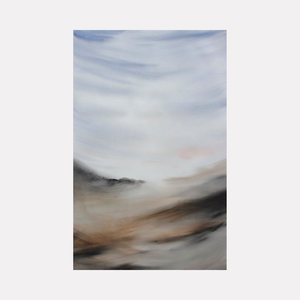 The artwork "Dawn" features an abstract landscape with soft, swirling brushstrokes in muted tones of blue, gray, beige, and black, evoking a serene, early morning atmosphere reminiscent of J.M.W. Turner’s atmospheric style. The textures blend seamlessly, creating a dreamlike quality. By Catherine Lencke.