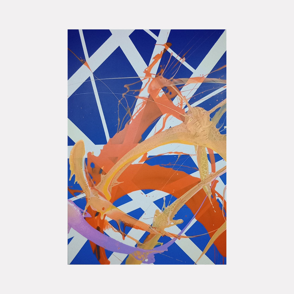 The artwork 'Day Break' features dynamic abstract brushstrokes in vibrant orange and gold tones against a deep blue background, intersected by bold white geometric lines. The acrylic painting showcases energetic movement through sweeping curves and splashes, creating a sense of dawn breaking through a structured pattern. By Nicholas Franklin.