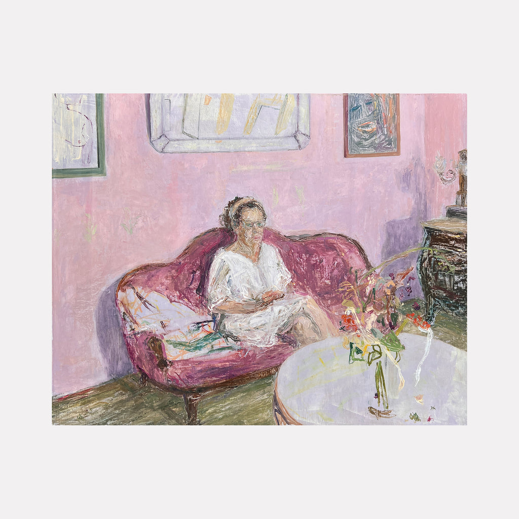 The artwork "Debra and I Listen to Books" by Catherine Webb depicts a seated woman in a white dress on a plush, deep pink sofa against a soft pink wall. The impressionistic style features delicate brushstrokes and a muted palette, evoking intimate domestic scenes reminiscent of Alice Neel and Pierre Bonnard’s explorations of quiet interior moments.