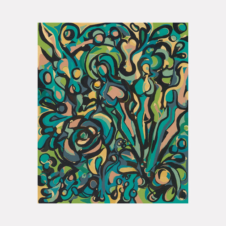 The artwork "Deco Figures" by Kaitlin Andrews features an abstract composition with fluid, intertwined shapes resembling human figures and natural forms. It uses a vibrant palette of teal, green, beige, and black with bold outlines and organic curves, creating a dynamic, textured visual experience. The piece blends modern abstract and decorative styles.