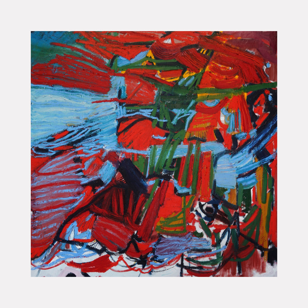 Nostalgia, Nutcrackers, and Neverland: Ded Moroz Passing Through Icy Evergreens by Lia Rodi features an energetic abstract composition with layered brushstrokes in vivid reds, greens, blues, and blacks. The dynamic, textured forms evoke a festive, wintry scene with a spirited, expressive modern style.
