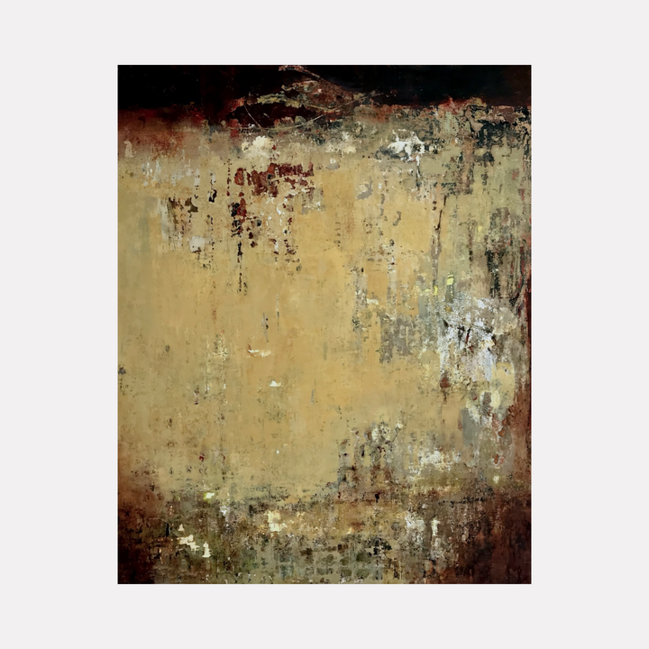 Dérive by Diane Lounsberry-Williams presents a textured abstract composition with muted earthy tones of ochre, brown, and subtle hints of rust. Layers of distressed surface and weathered marks suggest a contemplative, aged ambiance with an interplay of organic textures and rustic depth.
